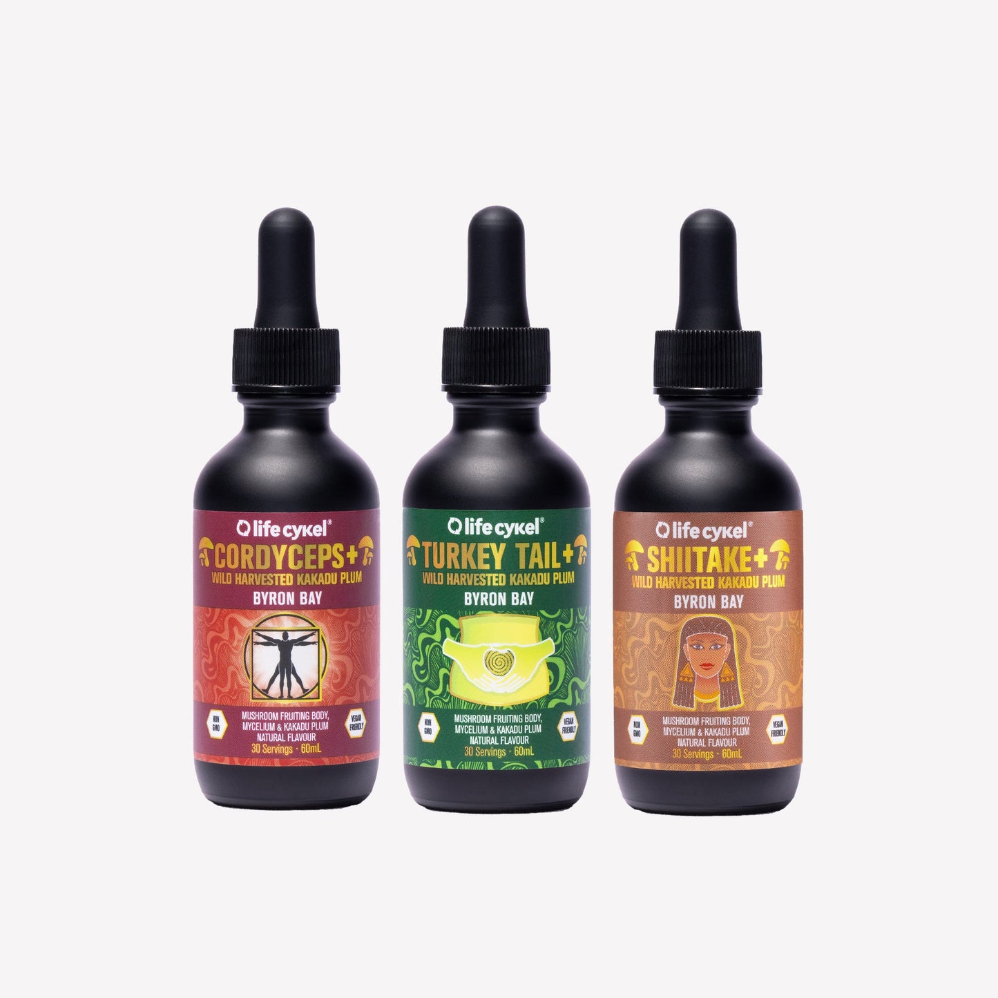 Three bottles of 60ml Lifecykel mushroom extracts products on a white background