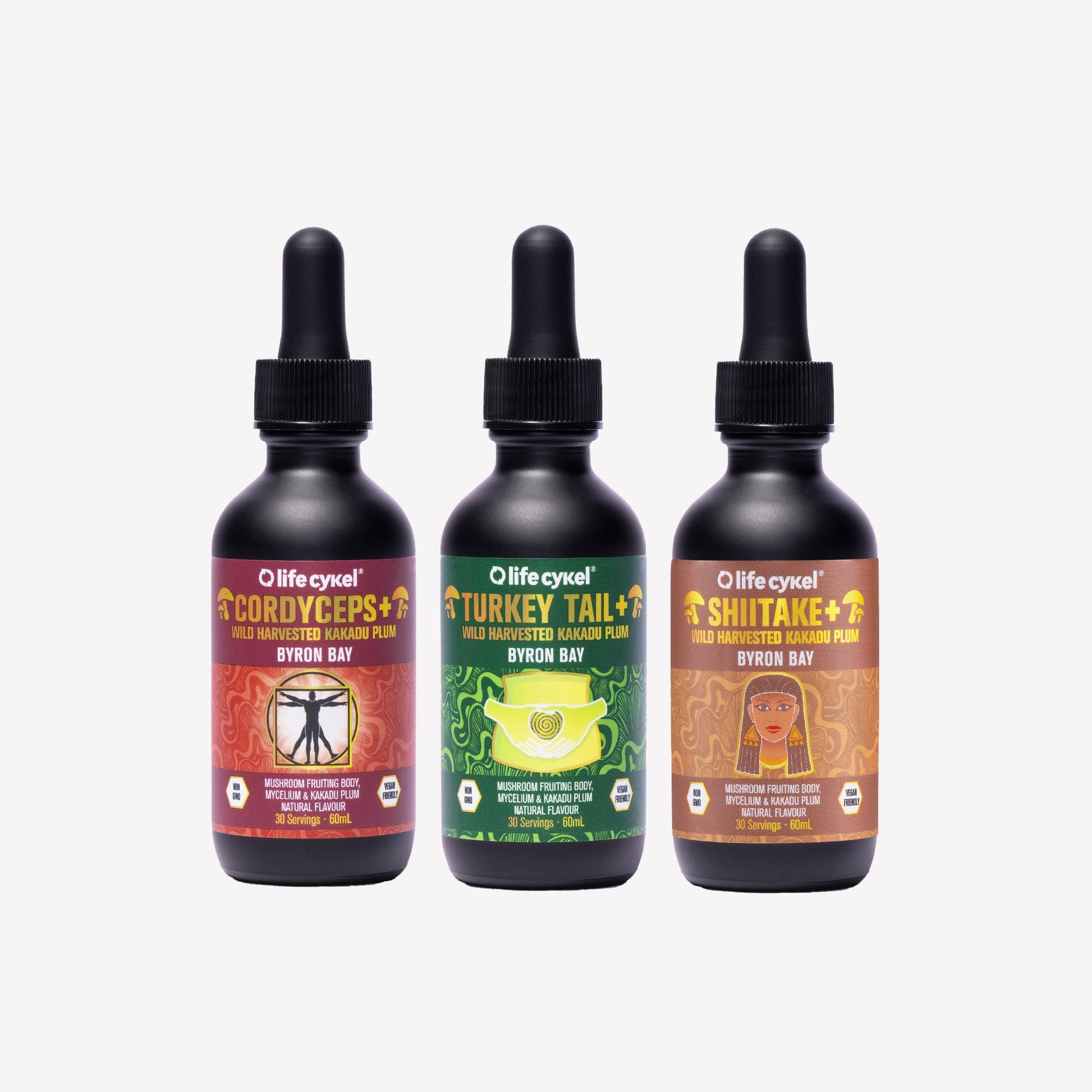 Three bottles of 60ml Lifecykel mushroom extracts products on a white background