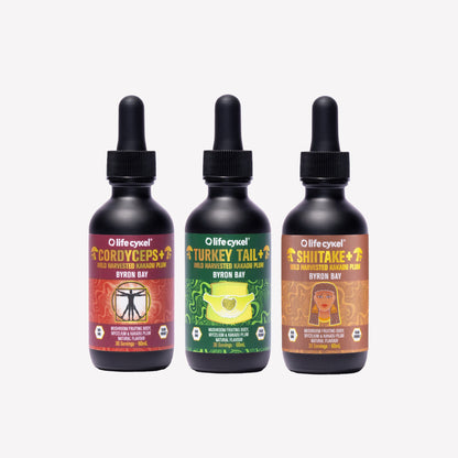 Three bottles of 60ml Lifecykel mushroom extracts products on a white background