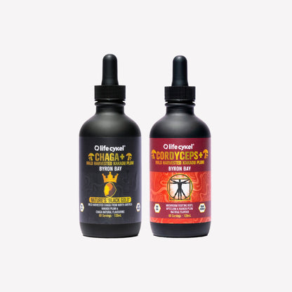 Two Lifecykel mushroom extracts bottles with labels on a white background
