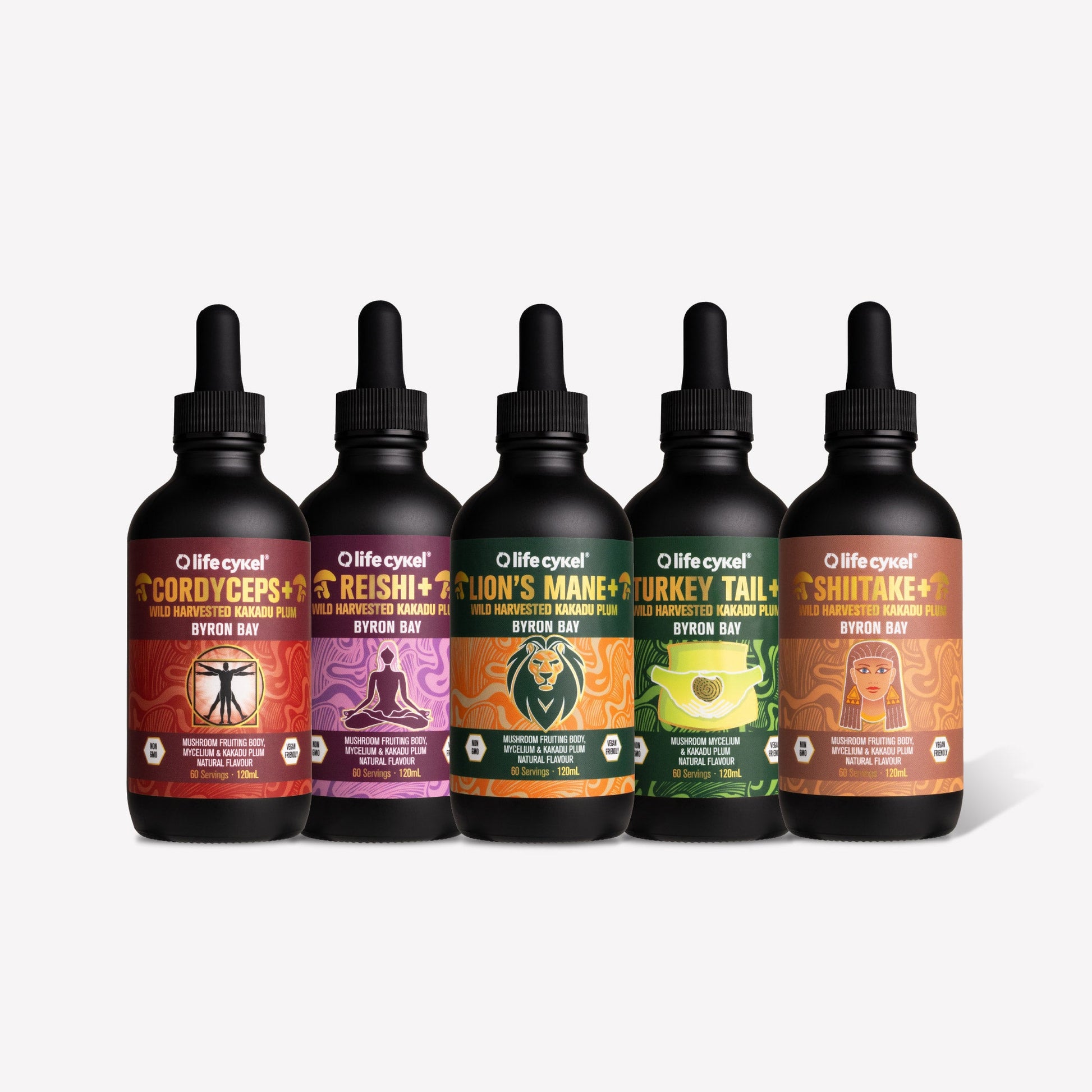 Five Lifecykel mushroom extracts with colorful labels on a white background