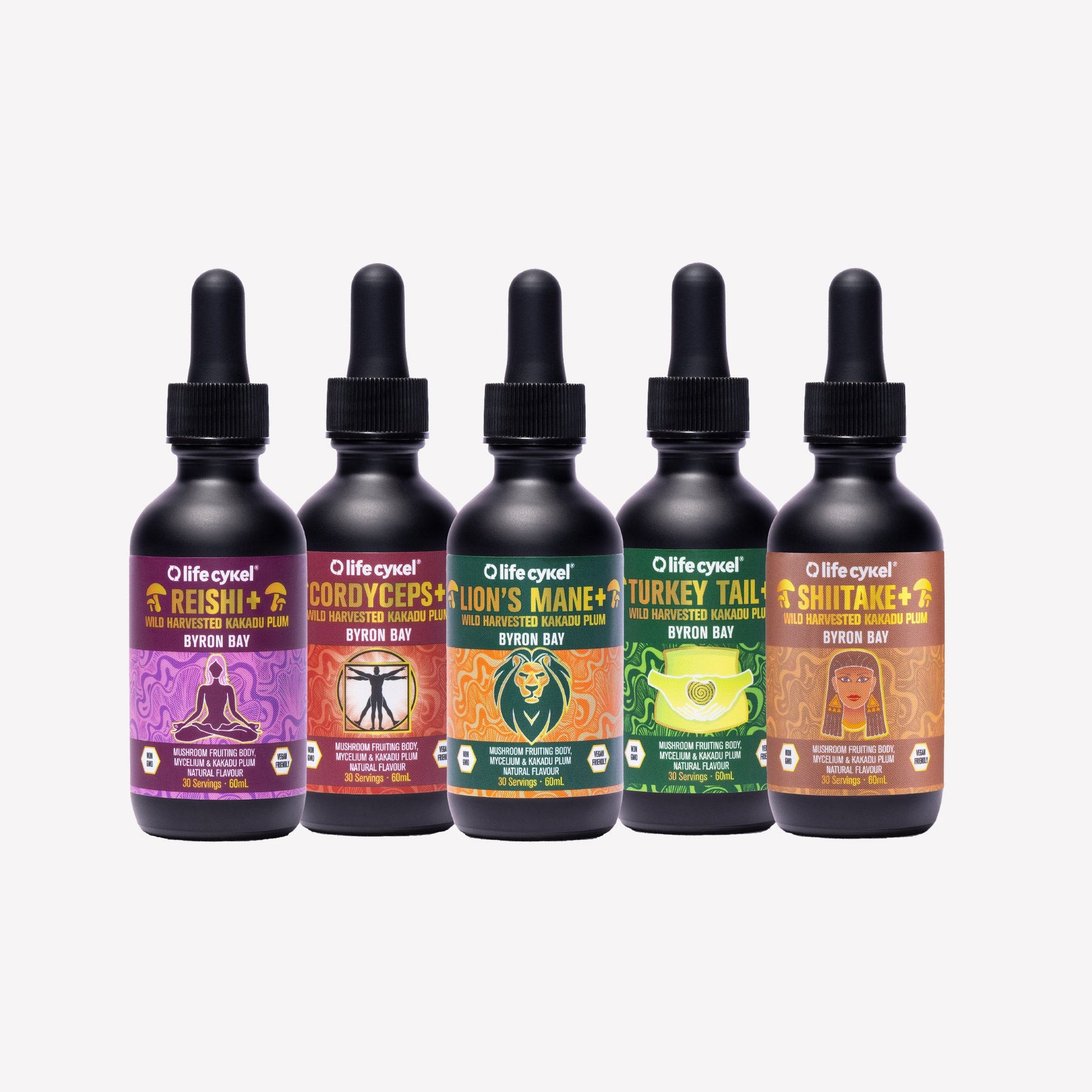 Five Lifecykel mushroom extracts with dropper caps on a white background