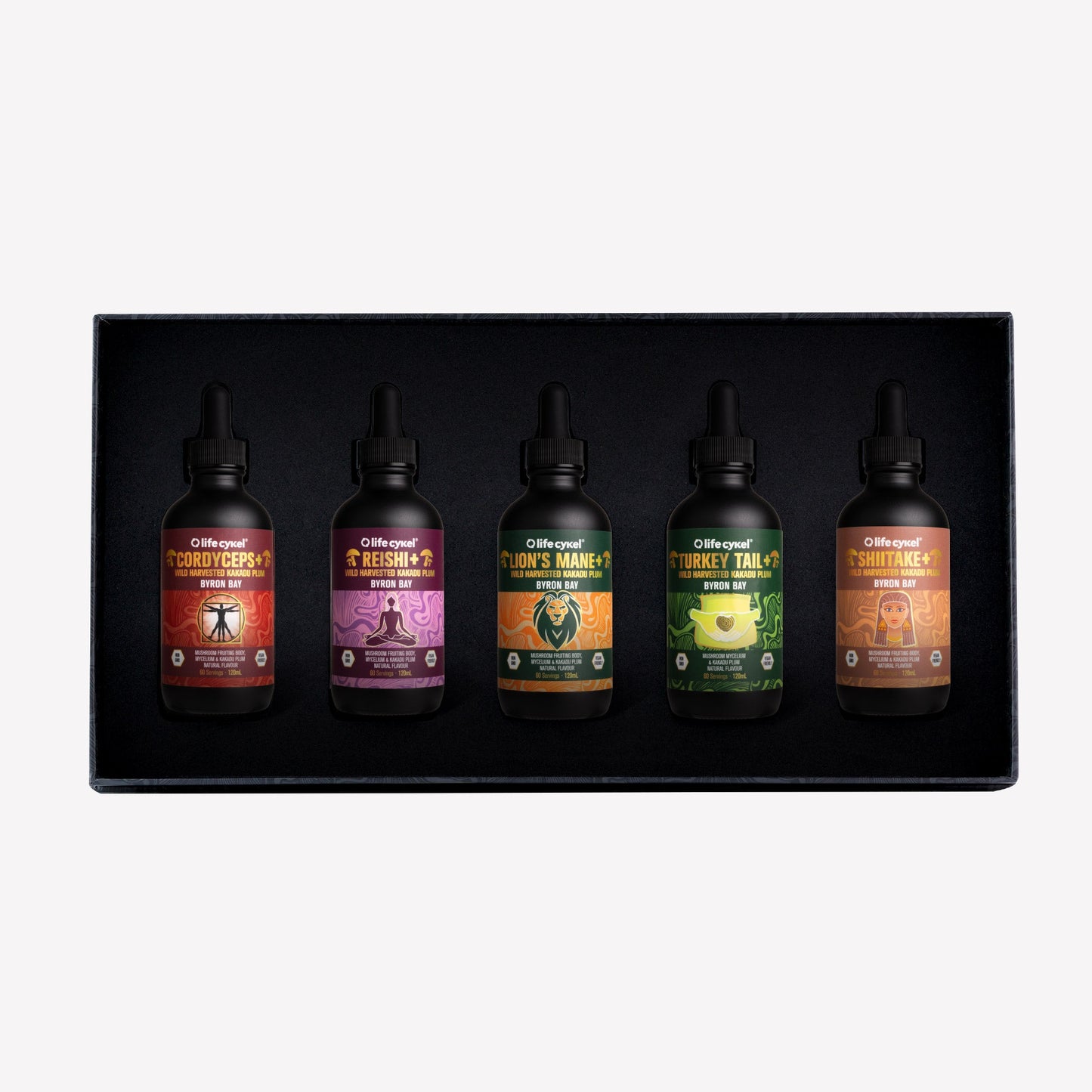 Five bottles of Lifecykel mushroom extract in a black box on a light gray background