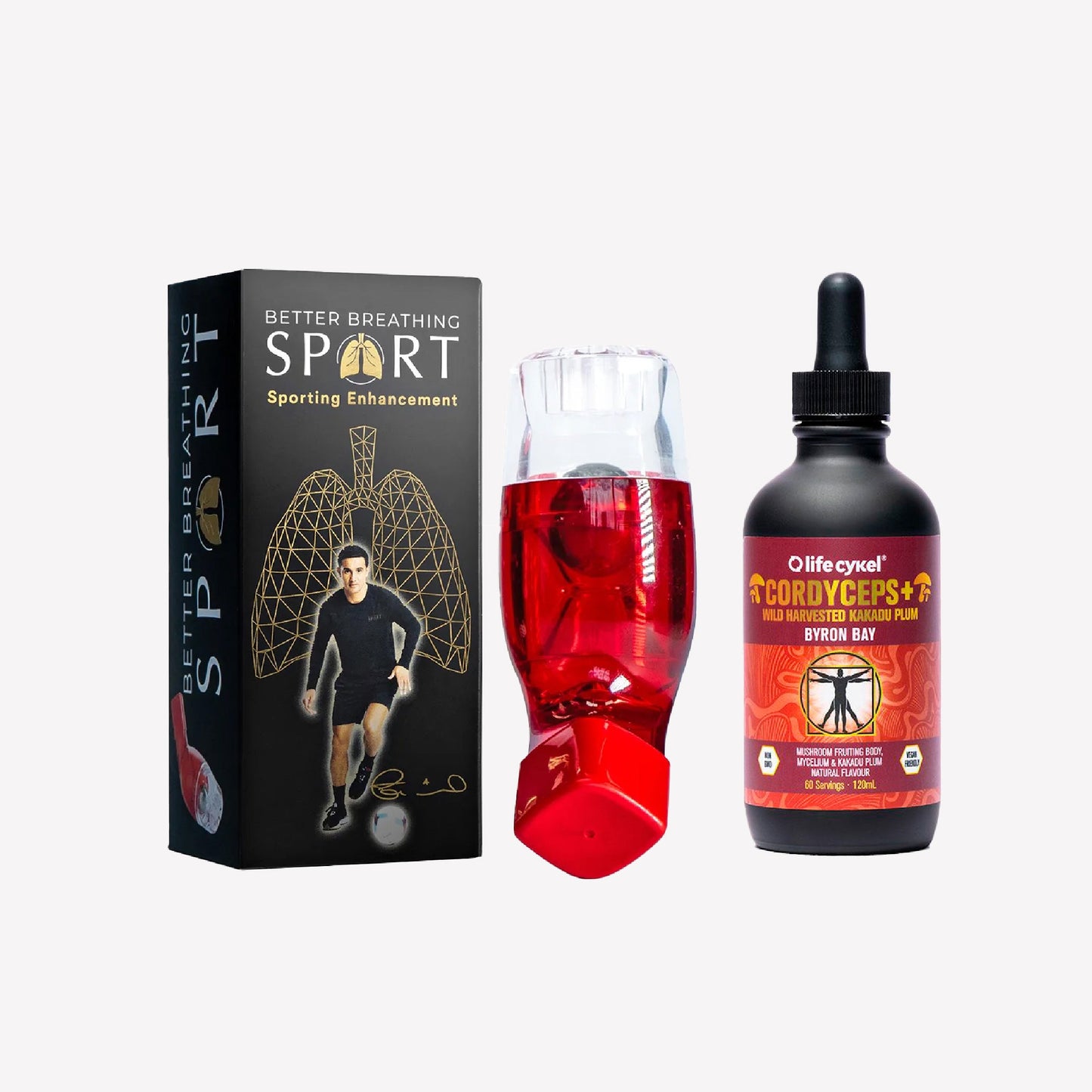Product set with 'Better Breathing Sport' box, red cup, and bottle labeled 'Lifecykel Cordyceps'.