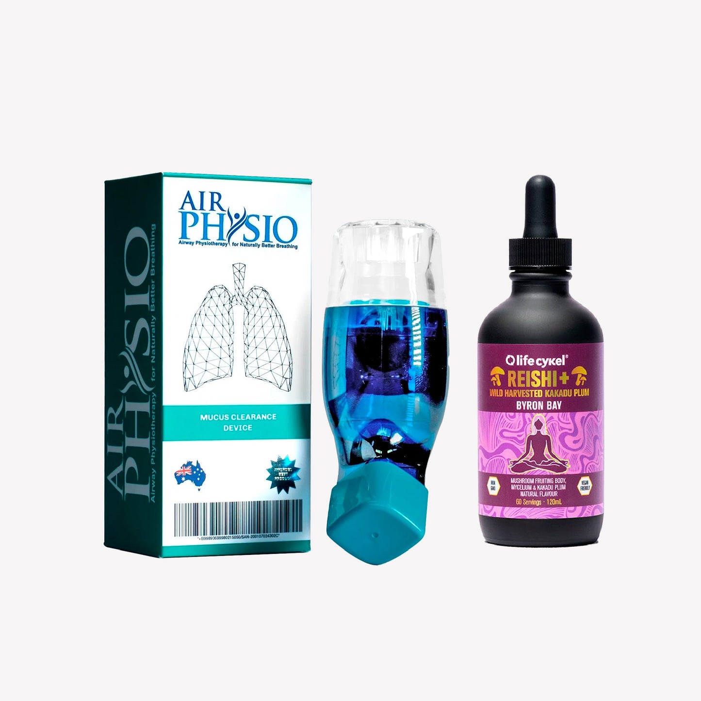 Three products including a box labeled 'Air Physio', a blue bottle with a liquid inside, and a black bottle with a dropper labeled 'LifeCyle'.