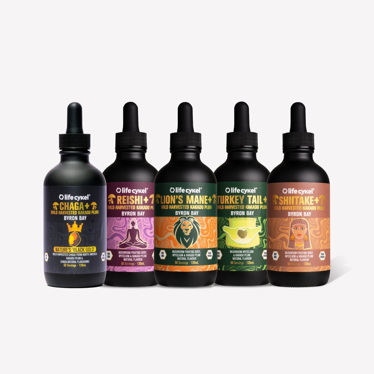 Five black bottles of Lifecykel mushroom extracts with colorful labels on a white background