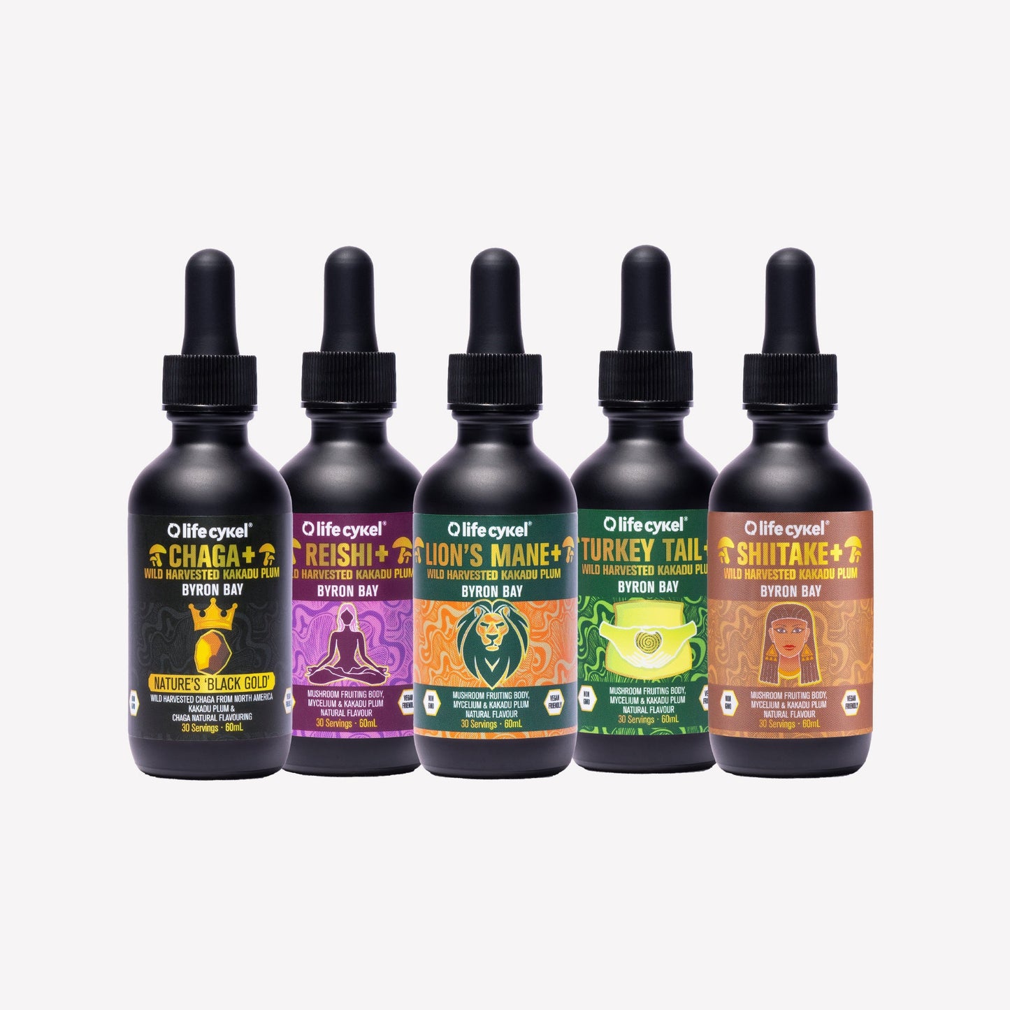 Five black bottles of Lifecykel mushroom extracts with droppers and colorful labels on a white background