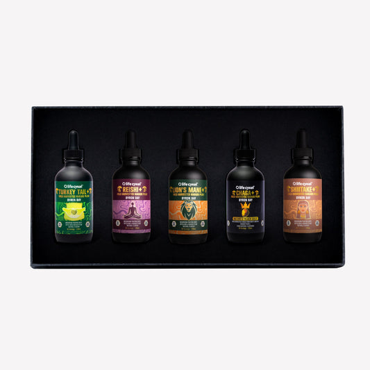 Five bottles of Lifecykel mushroom extracts in a black box on a light gray background