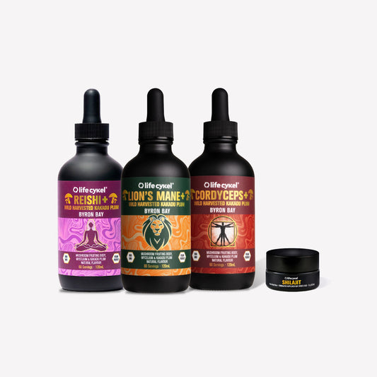 Three Lifecykel mushroom extracts bottles with colorful labels and a small black container on a white background