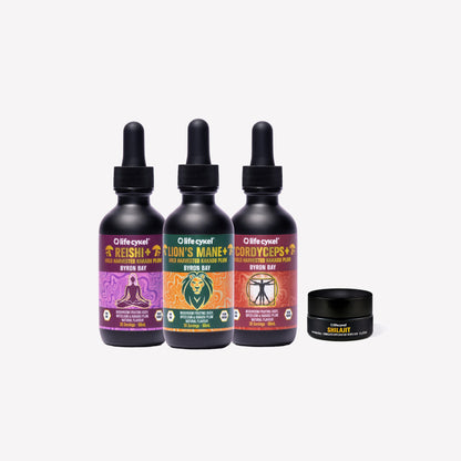 Three Lifecykel mushroom extracts and Shilajit container on a white background.