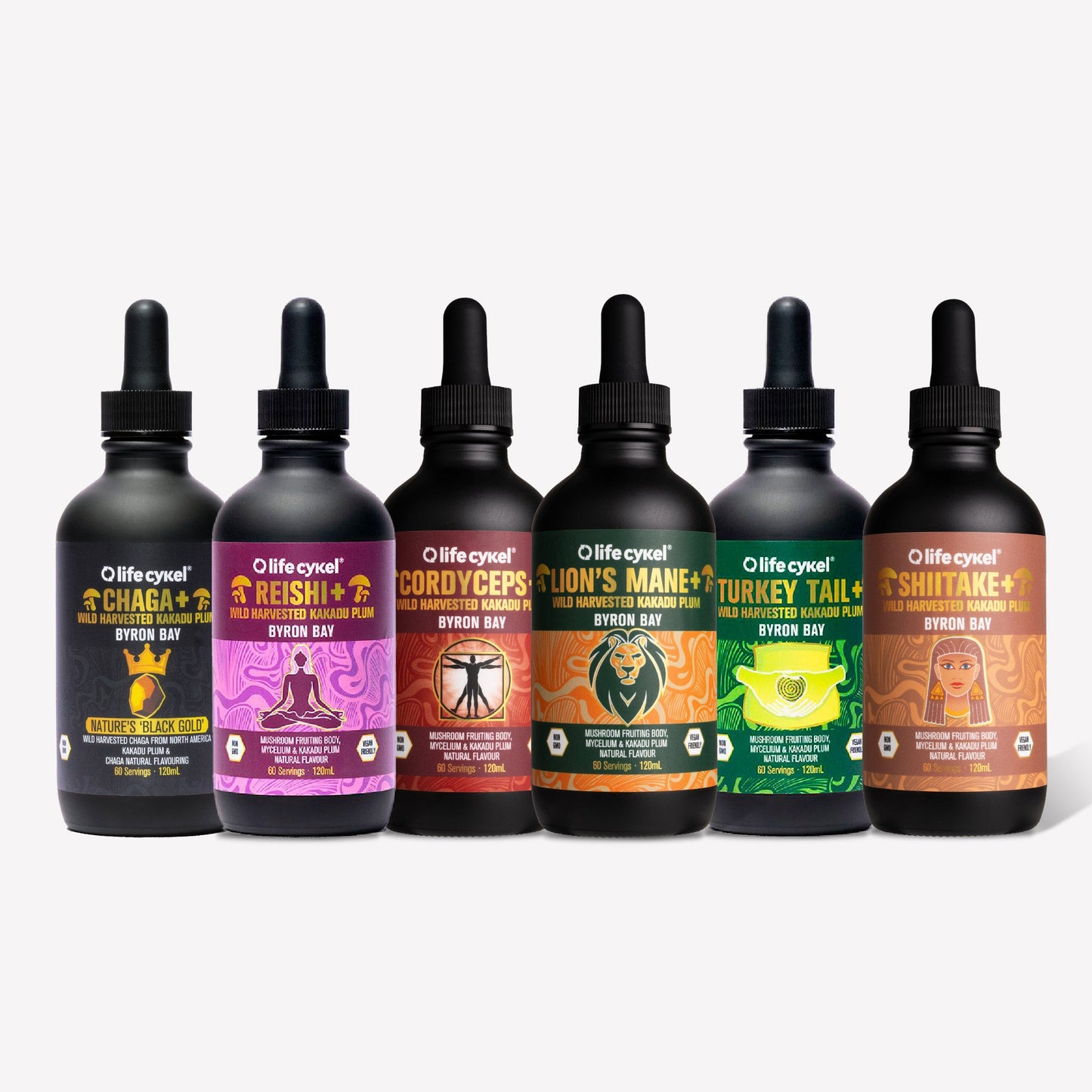 Set of Lifecykel mushroom extracts bottles with colorful labels on a white background
