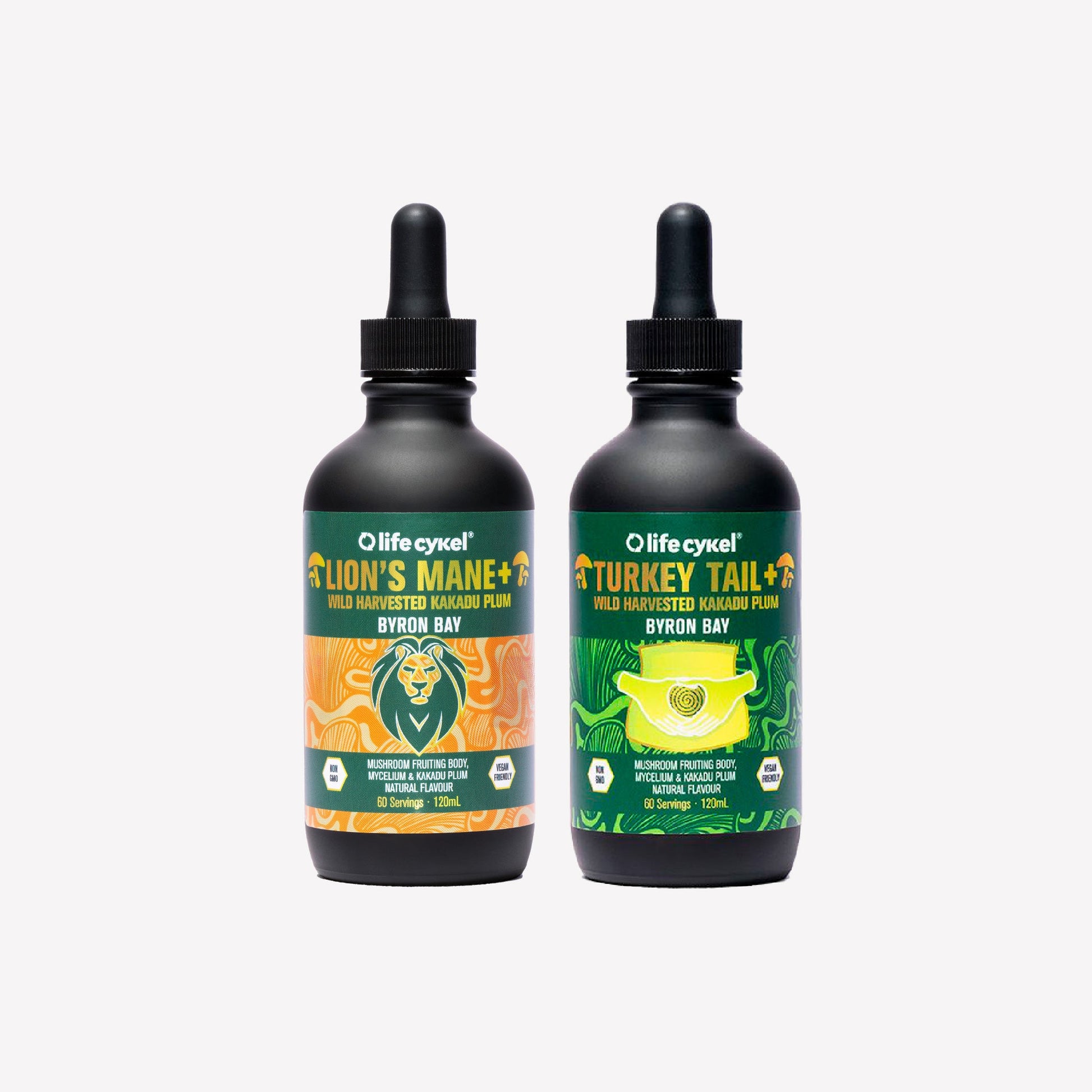 Two bottles of Lifecykel mushroom extracts  on a white background