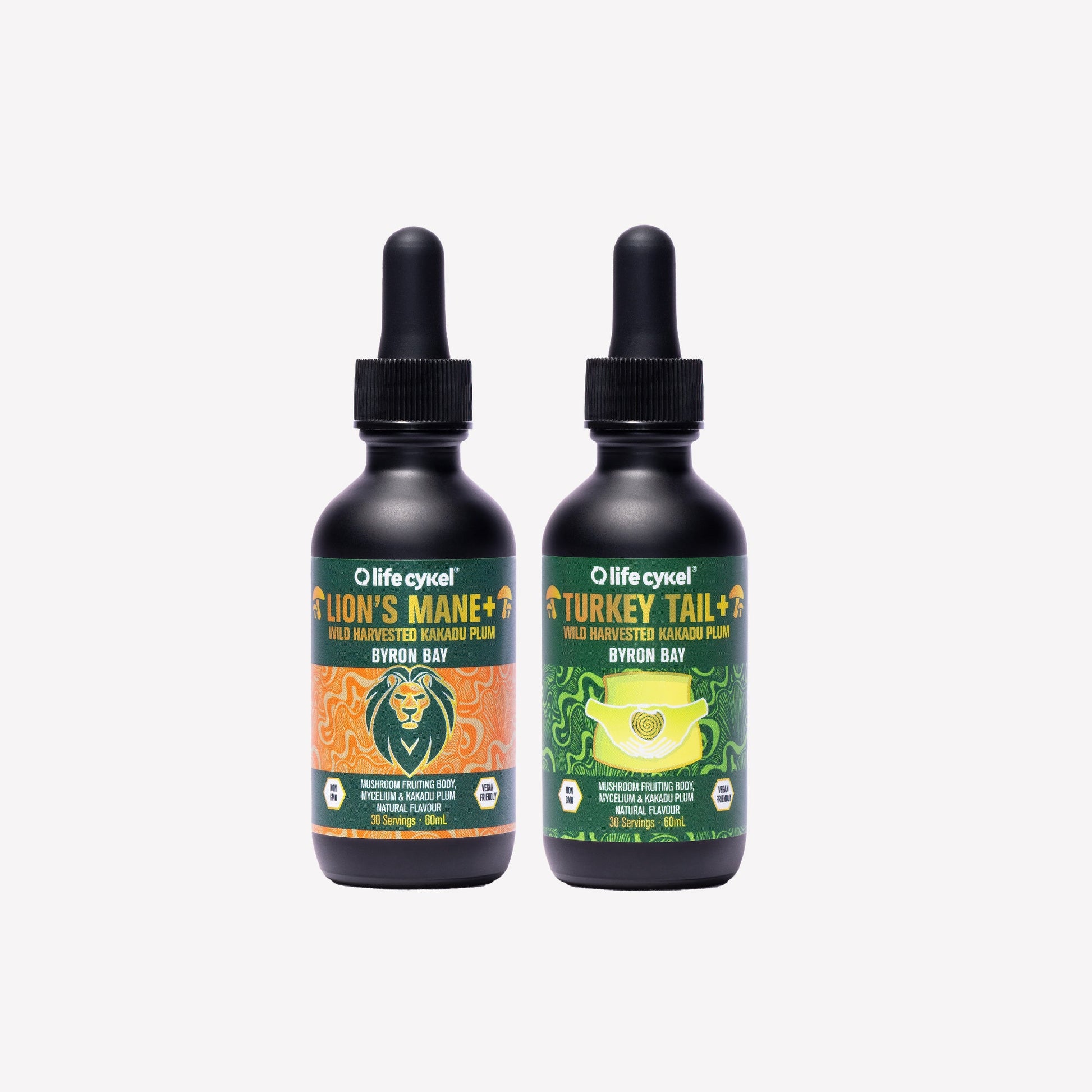 Two bottles of 60ml Lifecykel mushroom extracts on a white background