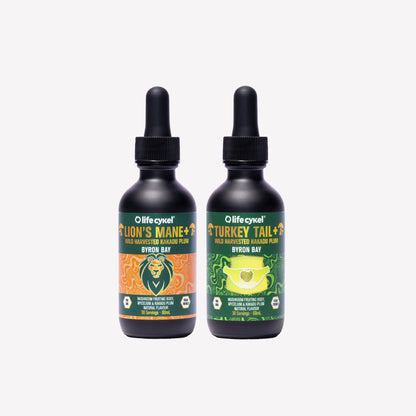 Two bottles of 60ml Lifecykel mushroom extracts on a white background