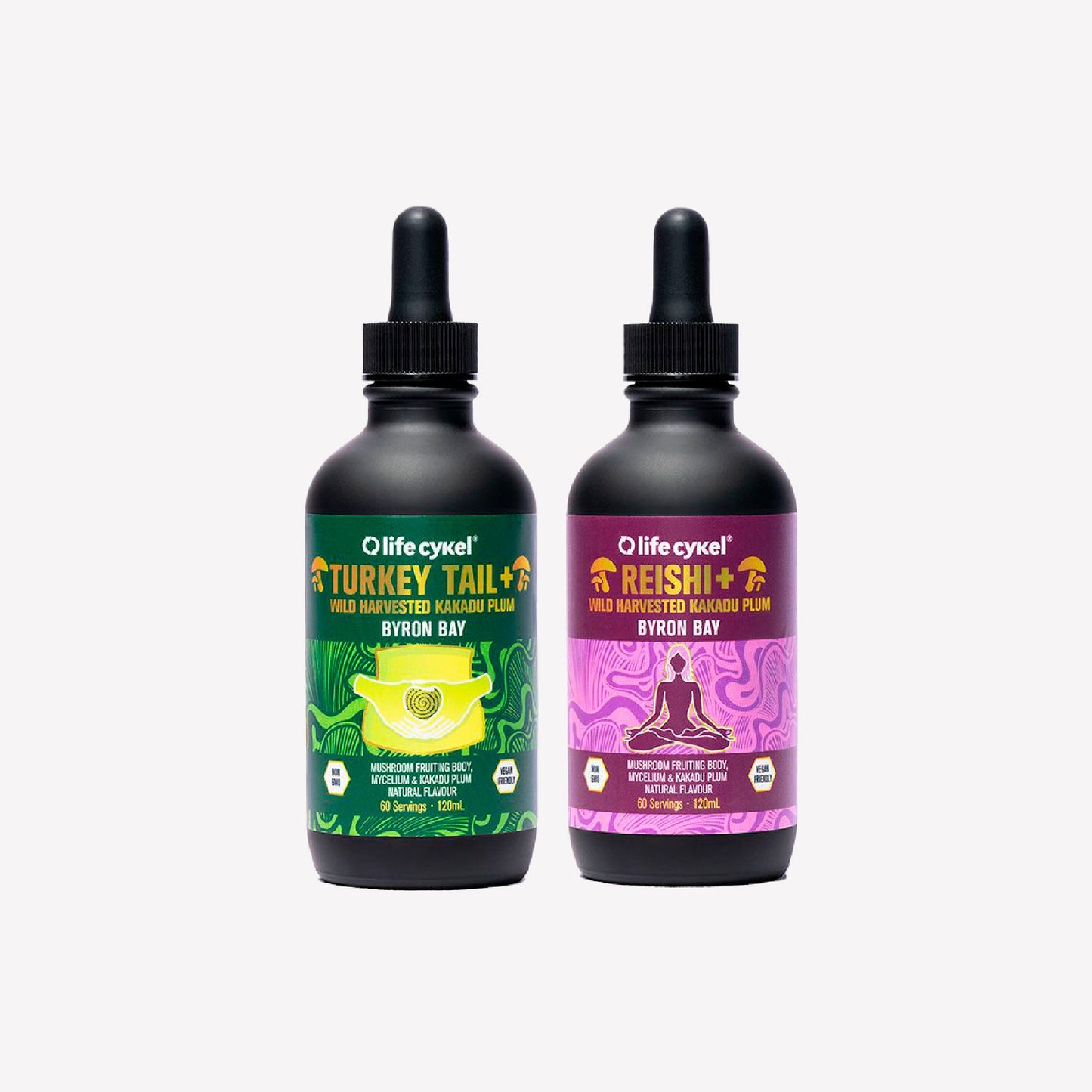 Two 120ml Lifecykel mushroom extracts  on a white background