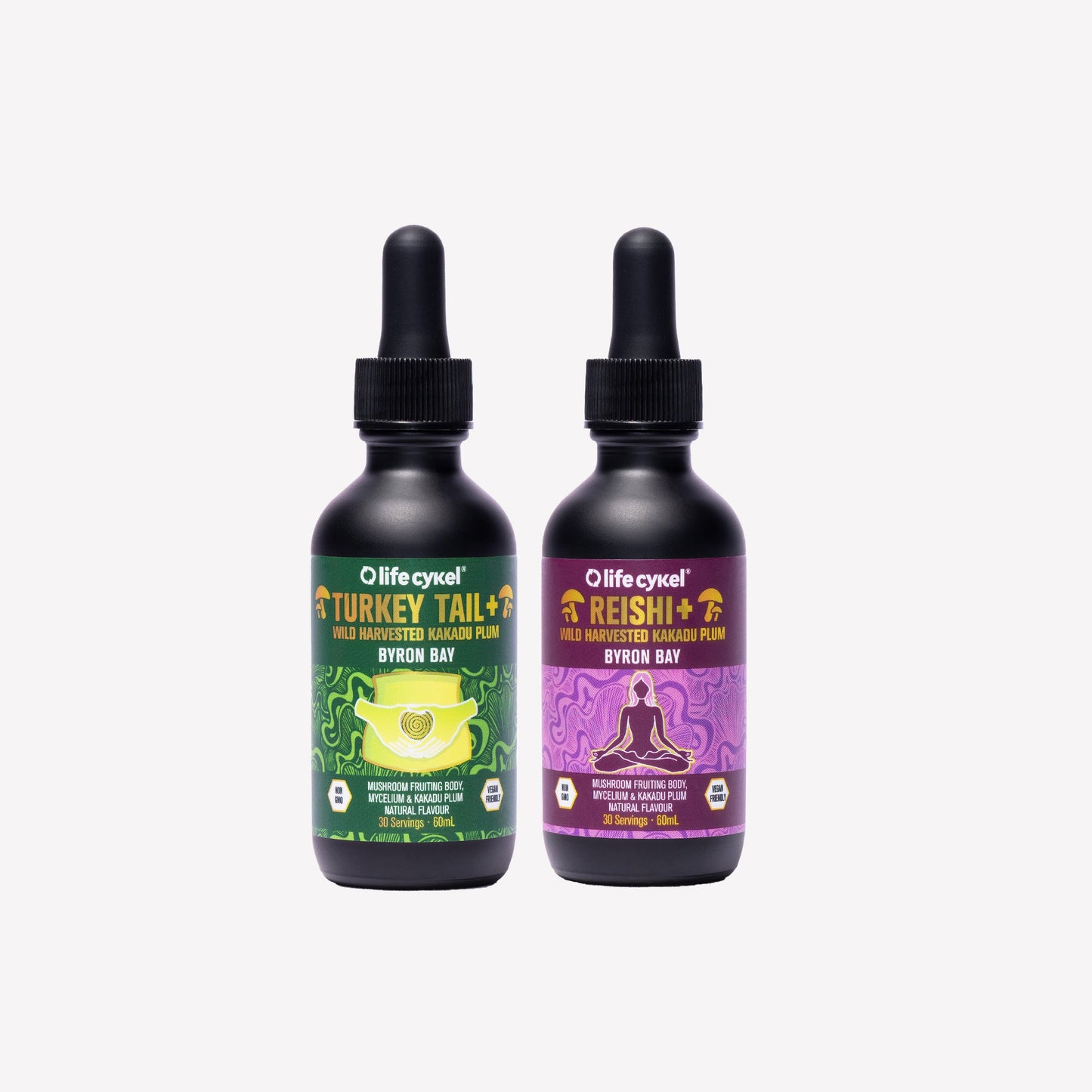 Two 60ml Lifecykel mushroom extracts with droppers labeled 'Turkey Tail' and 'Reishi' on a white background.