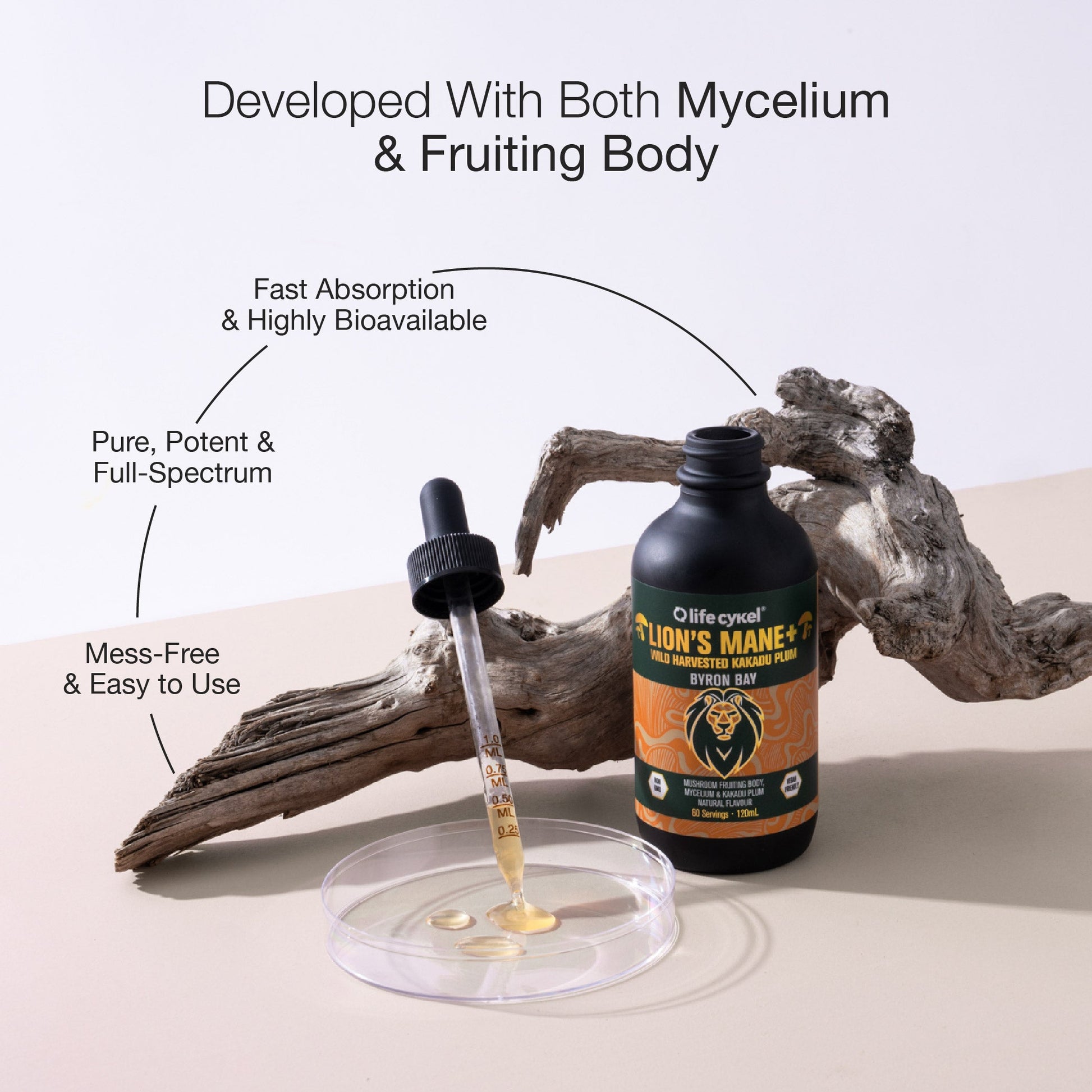 Lifecykel Lion's Mane mushroom extract bottle with dropper and text on a neutral background