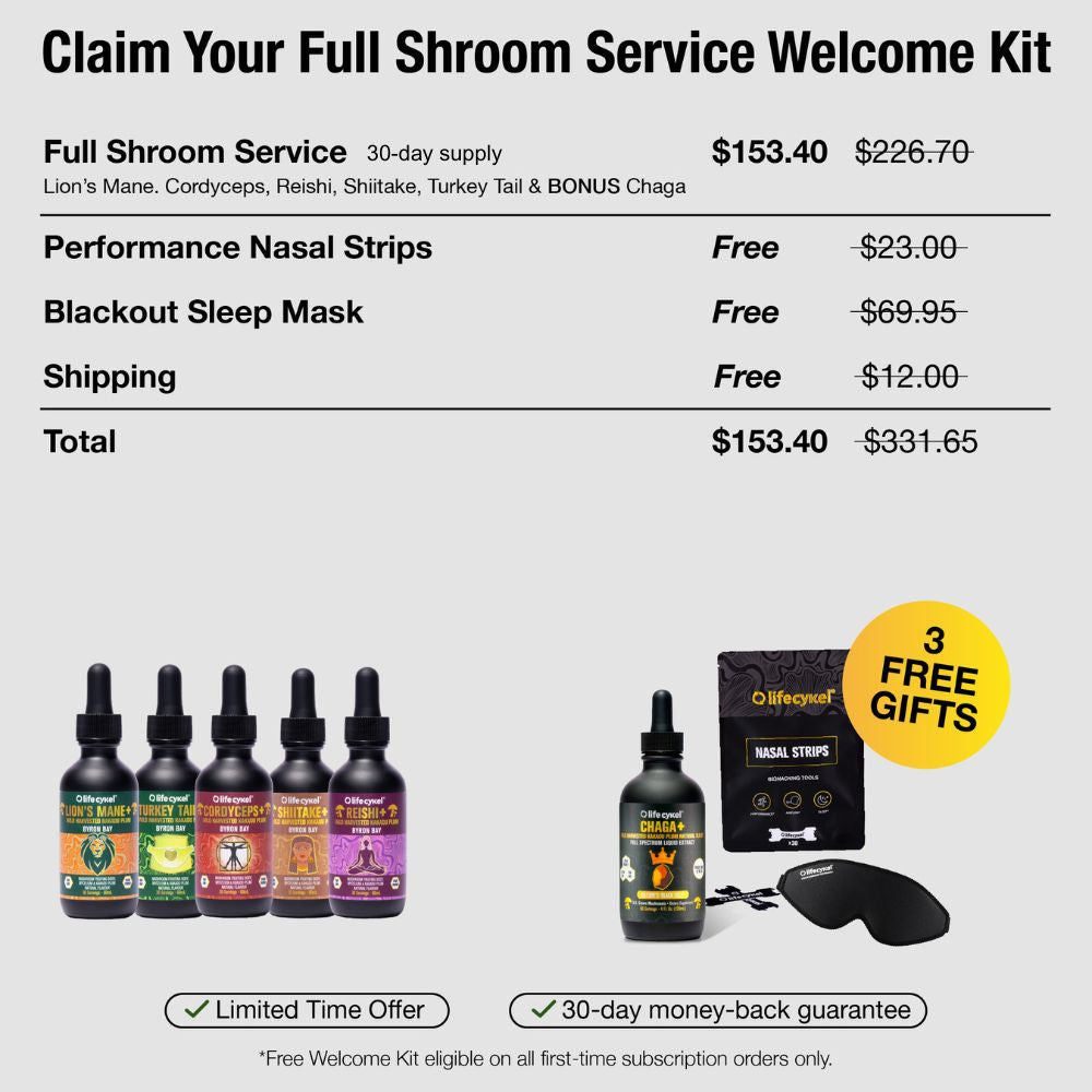 Promotional graphic for a full shroom service welcome kit with pricing and product images.