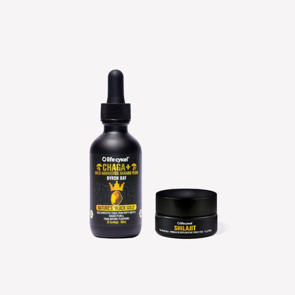 Lifecykel Chaga mushroom extracts bottle and Shilajit jar with yellow text on a white background