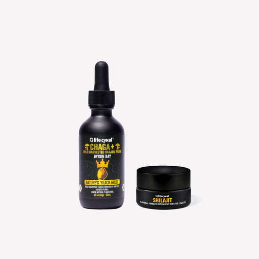 Lifecykel Chaga mushroom extracts bottle and Shilajit jar with yellow text on a white background