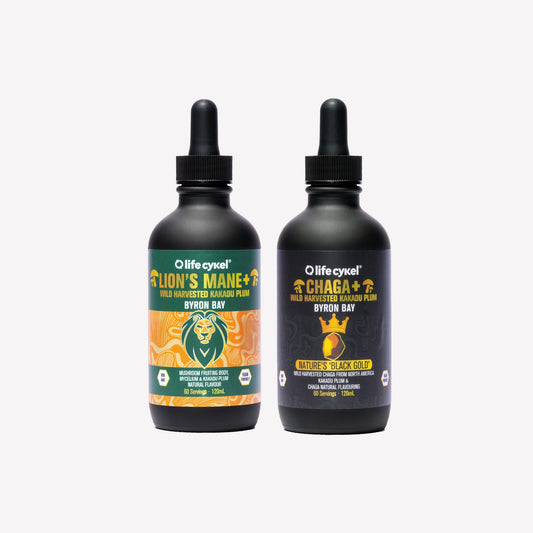 Two bottles of Lifecykel mushroom extracts on a white background