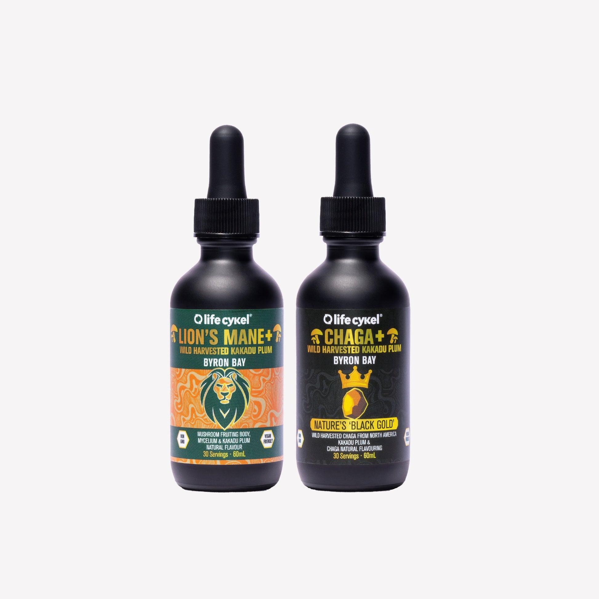 Two Lifecykel mushroom extracts  bottles with droppers labeled 'Lion's Mane' and 'Chaga' on a white background.