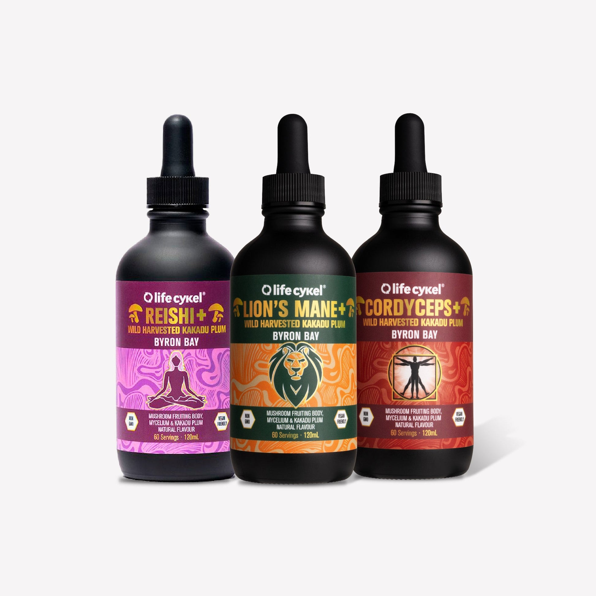 Three Lifecykel mushroom extracts  with colorful labels on a white background