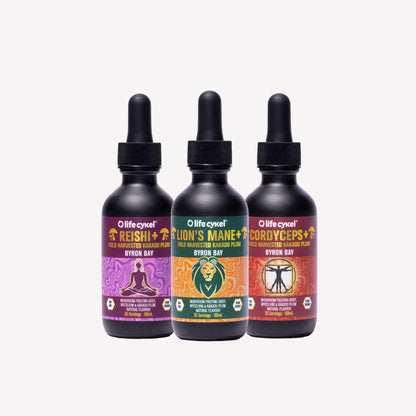 Three Lifecykel mushroom extracts labeled 'Reishi+', 'Lion's Mane+', and 'Cordyceps+' from Lifecykel on a white background.