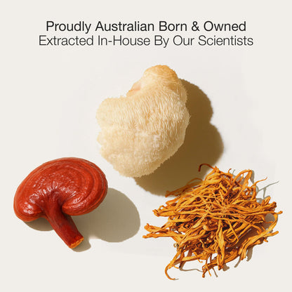 Three natural products on a white background with text about Australian origin and in-house extraction.