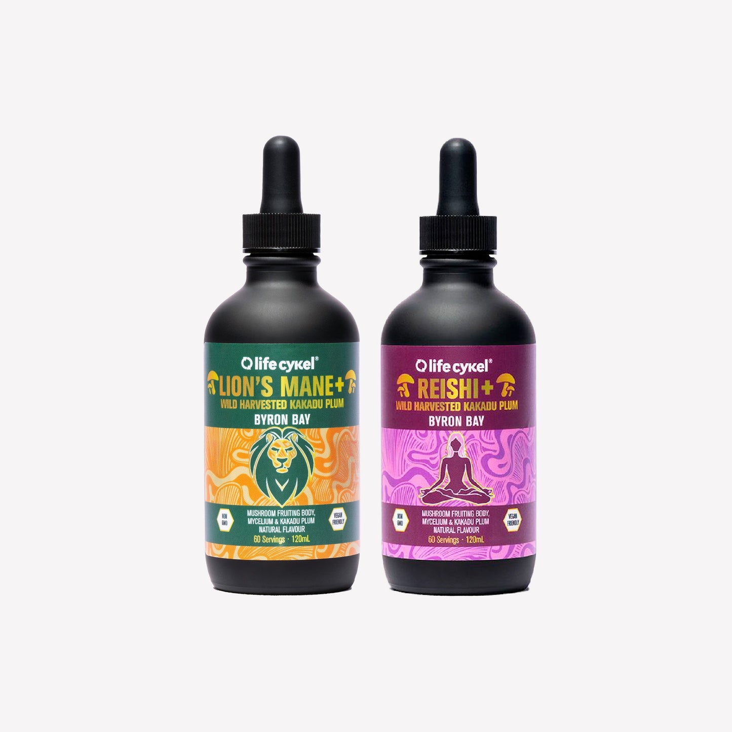 Two bottles of Lifecykel mushroom extracts on a white background