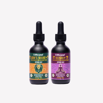 Two bottles of 60ml Lifecykel mushroom extracts on a white background