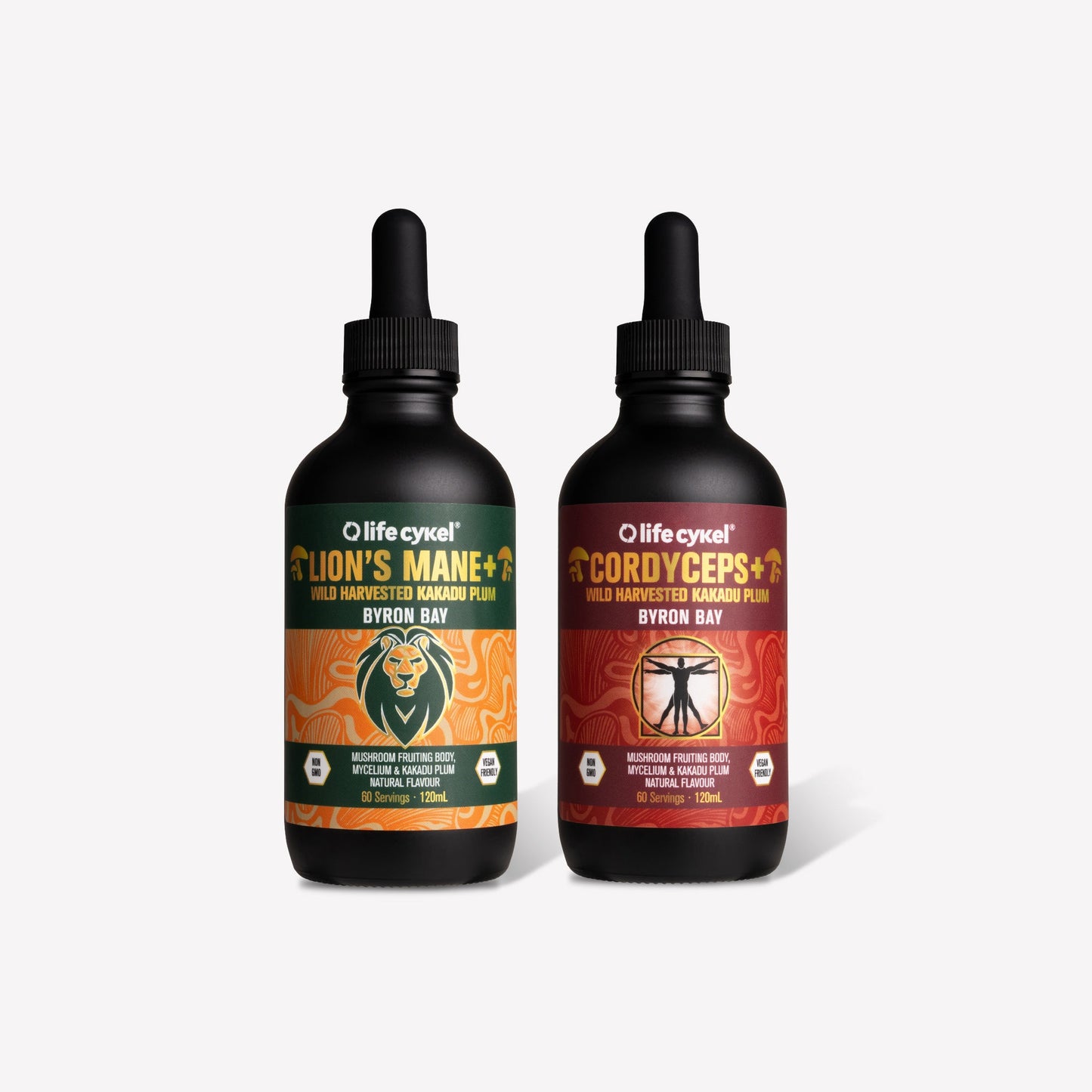 Two bottles of Lifecykel mushroom extracts on a white background