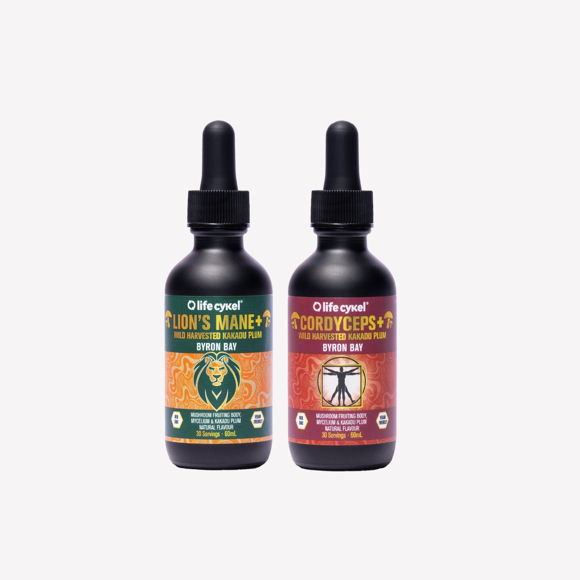 Two Lifecykel mushroom extracts with droppers labeled 'Lion's Mane' and 'Cordyceps' on a white background.