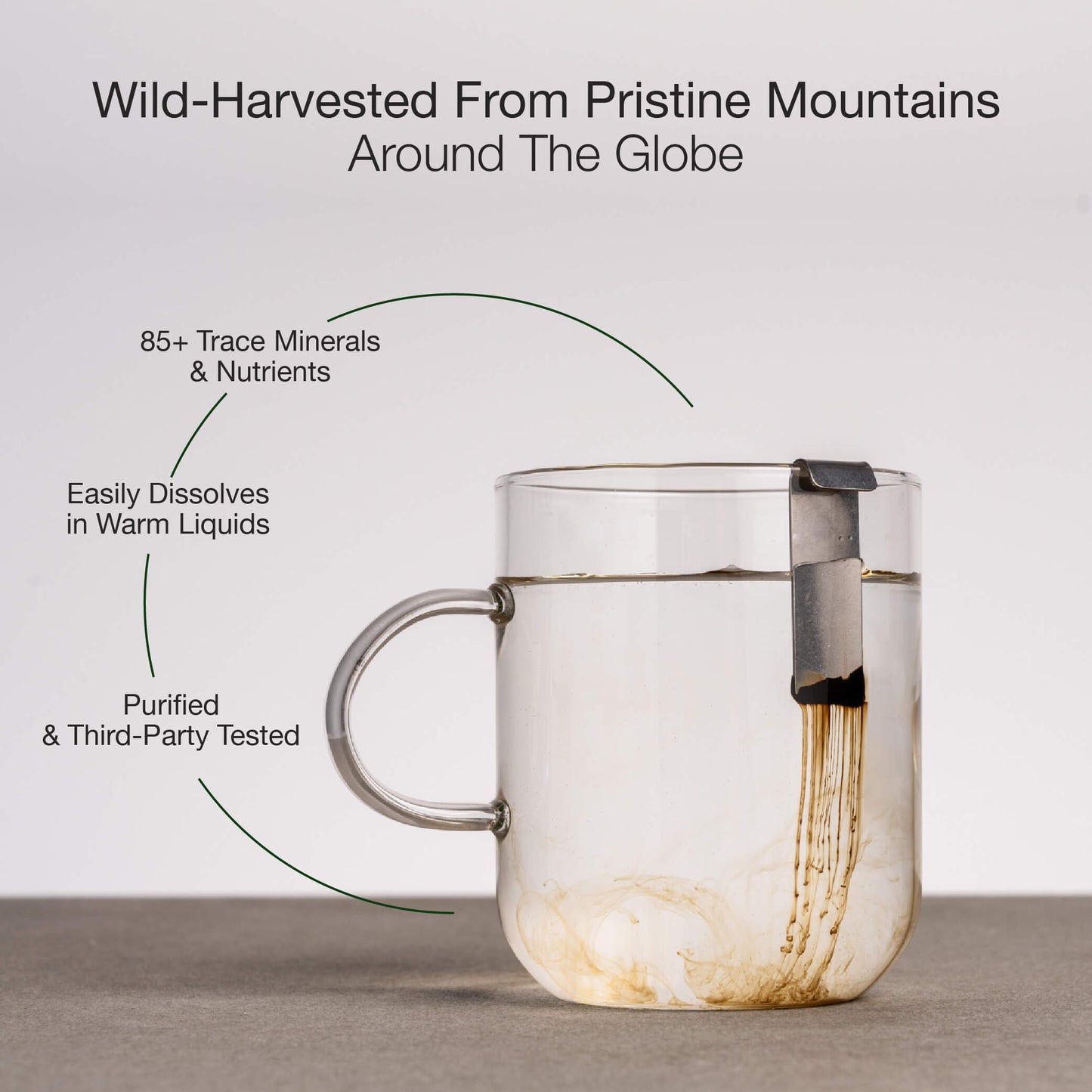 Clear glass mug with Lifecykel Shilajit on a light gray background, featuring text about Shilajit quality.
