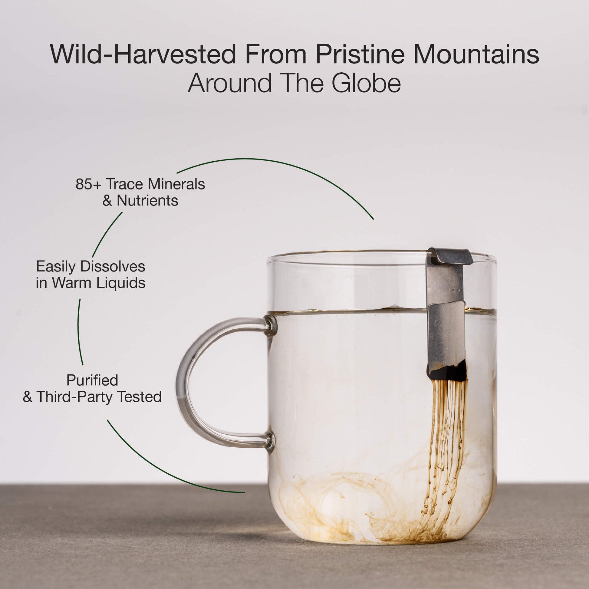 Clear glass mug with Lifecykel Shilajit on a light gray background, featuring text about Shilajit quality.