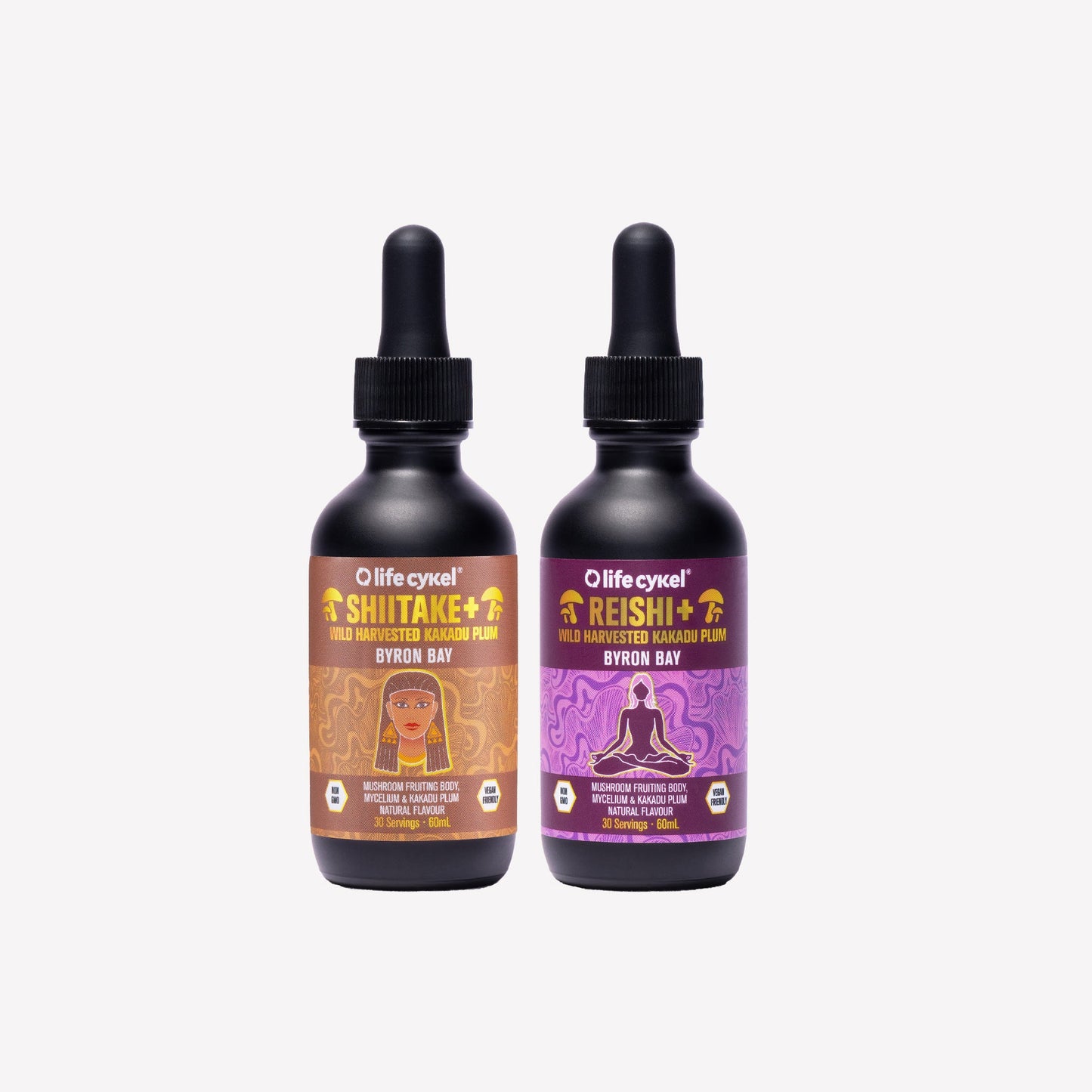 Two bottles of 60ml Lifecykel mushroom extracts tinctures on a white background