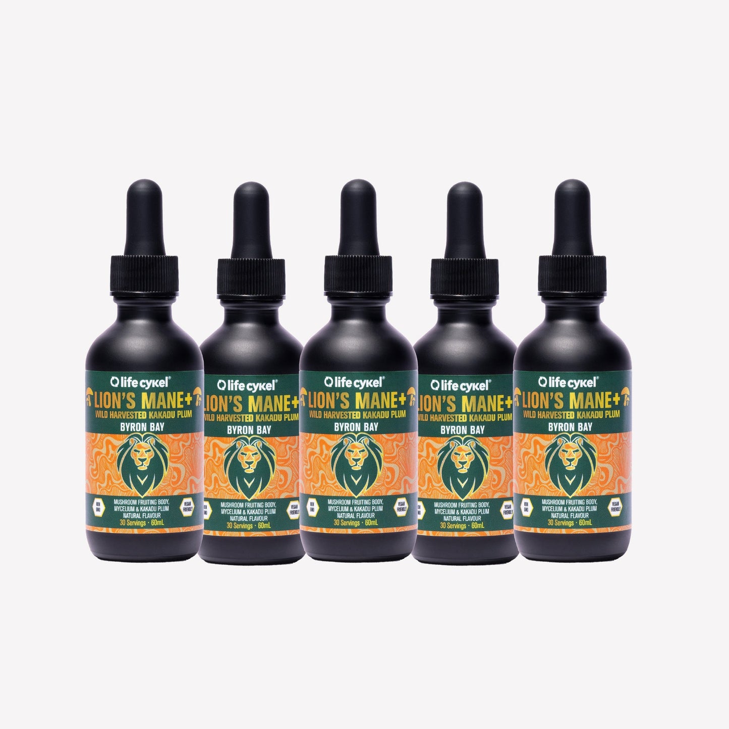 Five bottles of 60ml Lifecykel mushroom extracts on a white background