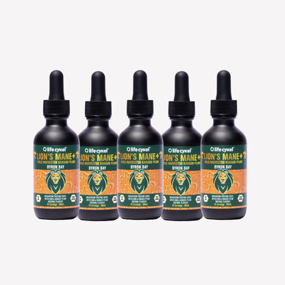 Five bottles of 60ml Lifecykel mushroom extracts on a white background