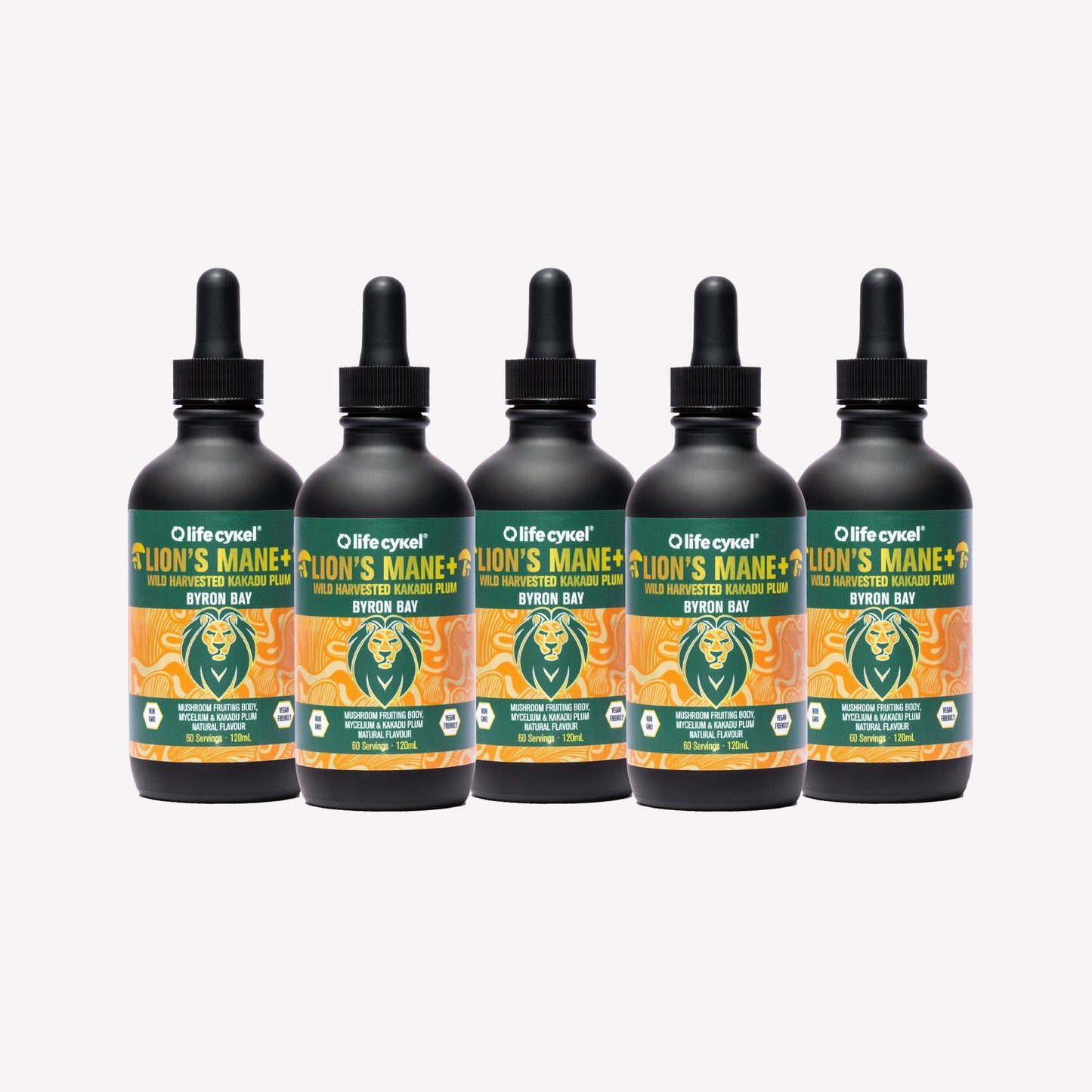 Five bottles of Lifecykel Lion's Mane mushroom extracts on a white background