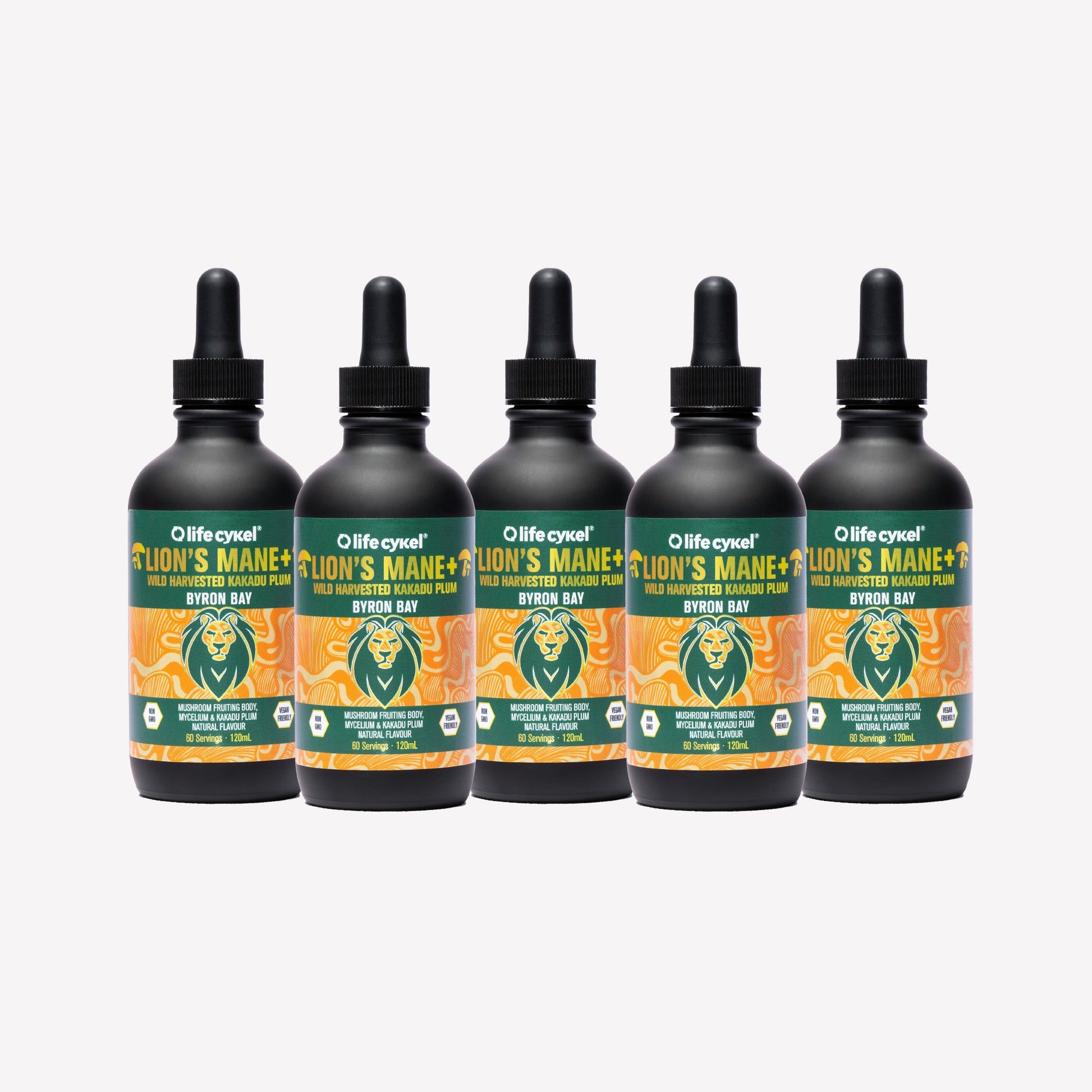 Five bottles of Lifecykel Lion's Mane mushroom extracts on a white background