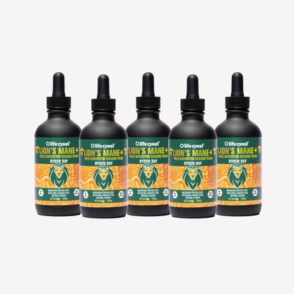 Five bottles of Lifecykel Lion's Mane mushroom extracts on a white background