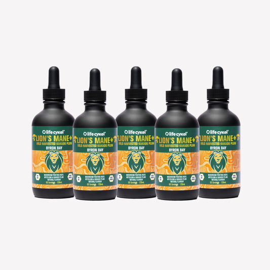 Five bottles of Lifecykel Lion's Mane mushroom extracts on a white background