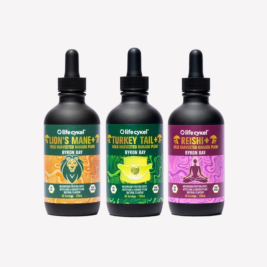 Three bottles of Lifecykel mushroom extracts on a white background