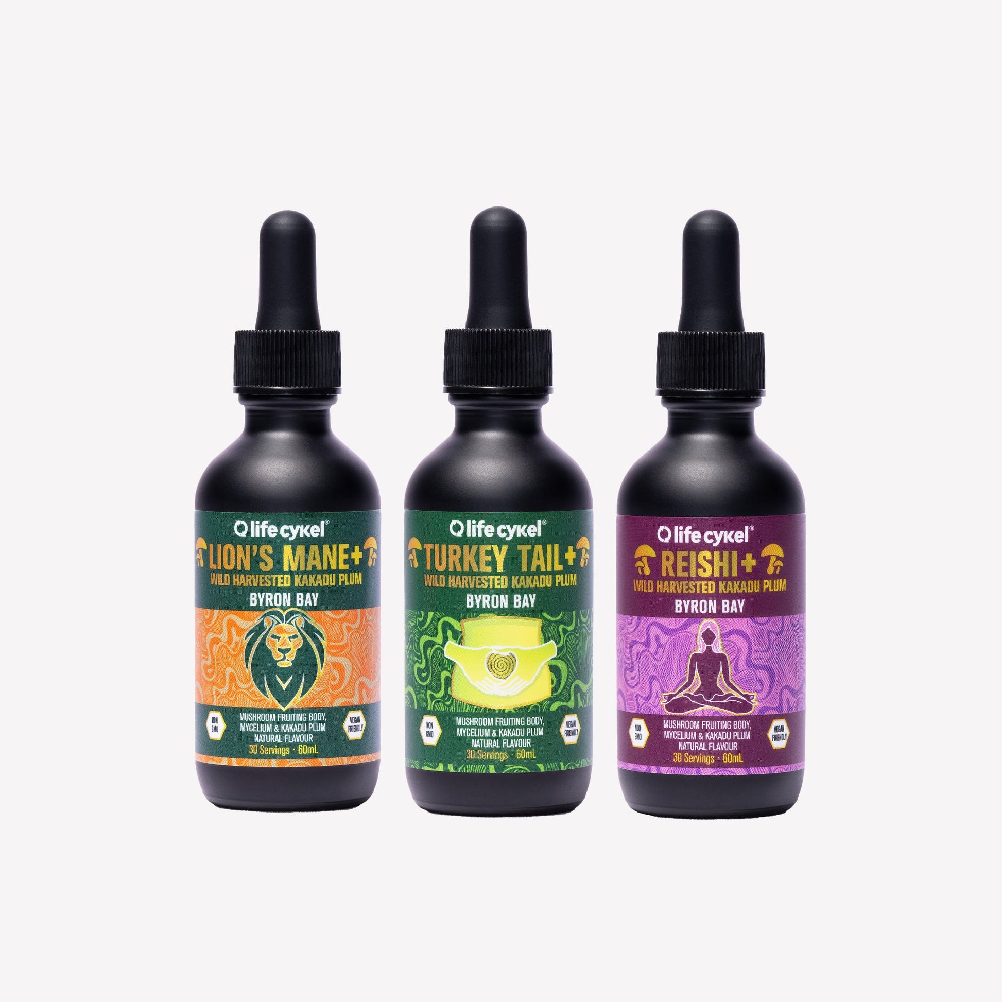 Three bottles of 60ml Lifecykel mushroom extracts with colorful labels on a white background